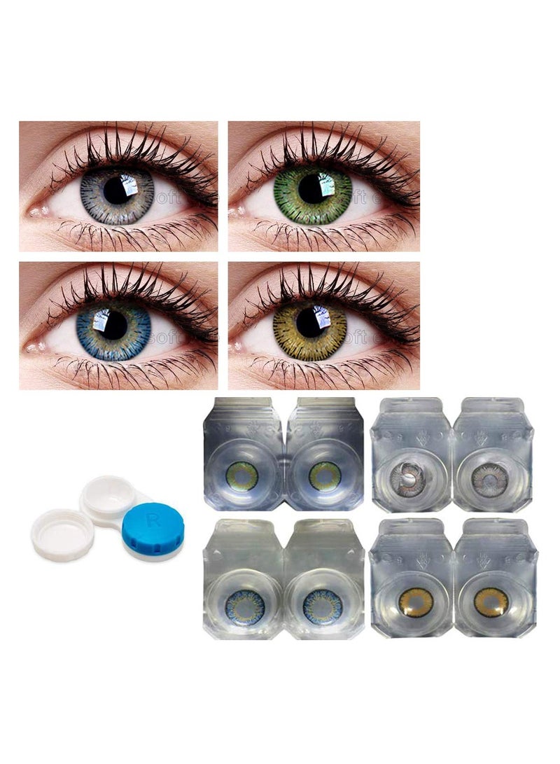 Combo Pack of 4 Pairs of Monthly Color Contact Lenses  Green,Grey,Blue andHazel With Case and Solution