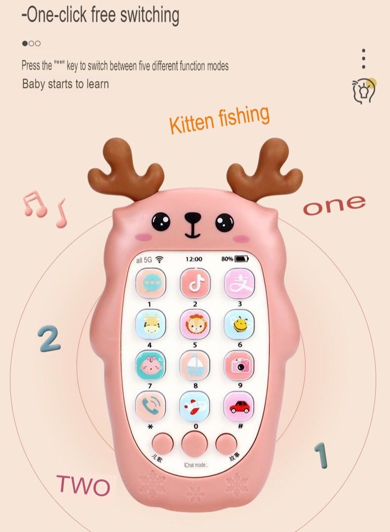 Kids Toy Phone, Educational Music Phone Toy, Safe Durable Baby Simulation Mobile Phone, Fun Light Music Early Educational Interactive Mobile Toy for Kids, (Deer Pink (Ordinary Battery))