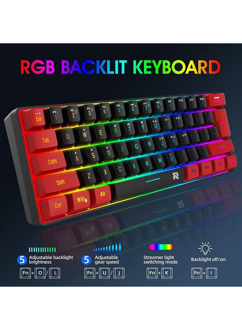 60% Wired Gaming Keyboard,True RGB Mini Keyboard, Waterproof Small Compact 61 Keys Keyboard for PC/Mac Gamer, Typist, Travel, Easy to Carry on Business Trip