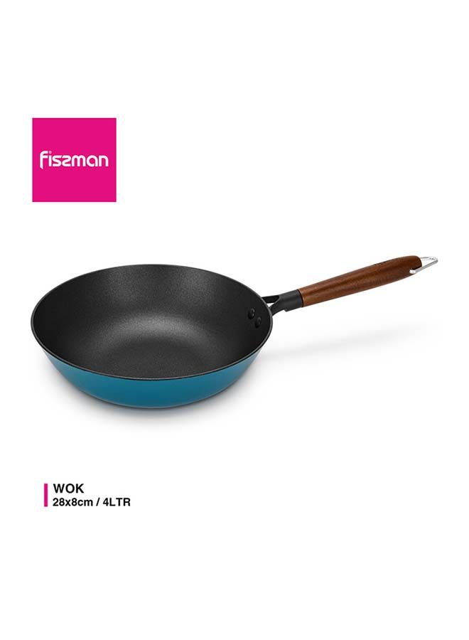 Wok Seagreen Series Enamelled Lightweight Cast Iron With Xylanplus Non-Stick Coating For All Types Hob Lightweight With Thick Induction Bottom And Heat Evenly, Clean Easily PFOA-Free 28x8cm/4LTR