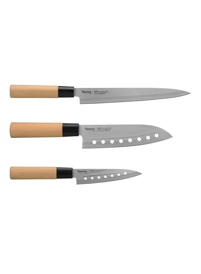 Set Of 3 Non Stick Katana Knifes Brown/Silver 32.5cm