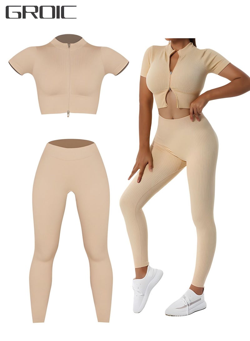 2 Piece Yoga Sets for Women Zip Up Crop Tops Ribbed High Waist Pants Exercise Workout Outfits Yoga Gym Activewear Set(L)