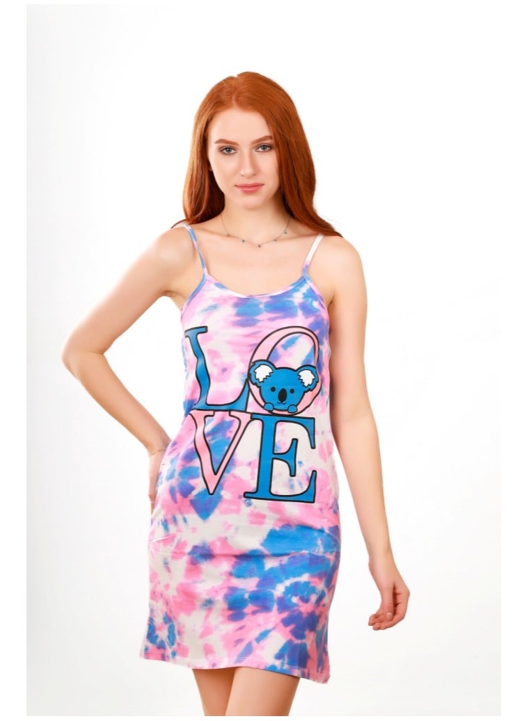 Selina Wear Women's Mini Night Gown -  Sleepwear, Female Nightie Dress, Printed Pink and Blue with Love Design