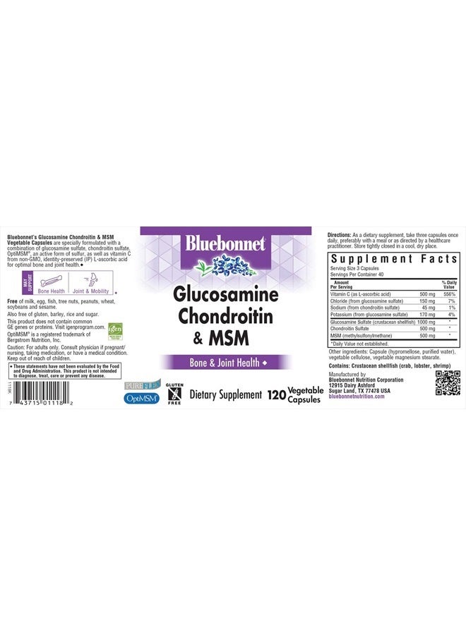 Nutrition Glucosamine Chondroitin & MSM, Glucosamine, Bone & Joint Health*, Non-GMO, Gluten-Free, Soy-Free, Dairy-Free, 120 Vegetable Capsules, 40 Servings