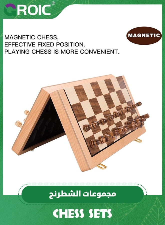 Chess Sets Magnetic Wooden 2 in 1 Chess and Checkers Set, 2 Extra Queens Folding Board, Handmade Portable Travel Chess Board Game Sets with Game Pieces Storage Slots