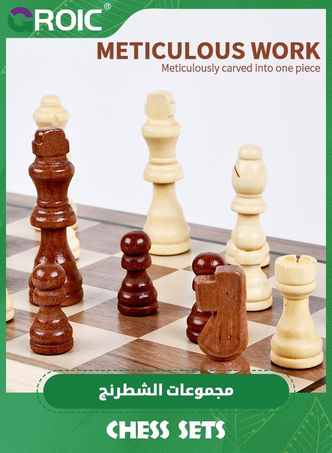 Chess Sets Magnetic Wooden 2 in 1 Chess and Checkers Set, 2 Extra Queens Folding Board, Handmade Portable Travel Chess Board Game Sets with Game Pieces Storage Slots