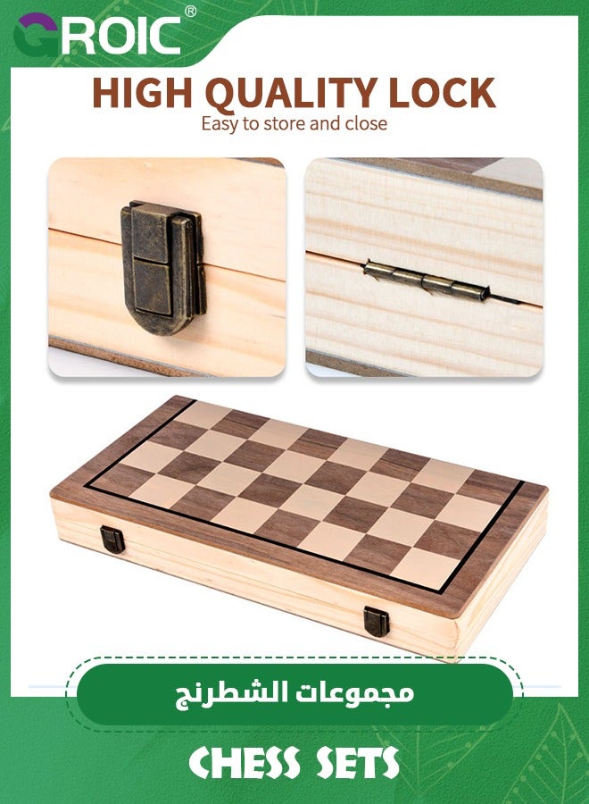 Chess Sets Magnetic Wooden 2 in 1 Chess and Checkers Set, 2 Extra Queens Folding Board, Handmade Portable Travel Chess Board Game Sets with Game Pieces Storage Slots
