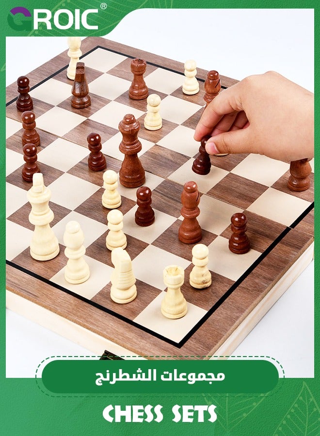Chess Sets Magnetic Wooden 2 in 1 Chess and Checkers Set, 2 Extra Queens Folding Board, Handmade Portable Travel Chess Board Game Sets with Game Pieces Storage Slots