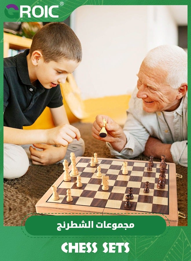Chess Sets Magnetic Wooden 2 in 1 Chess and Checkers Set, 2 Extra Queens Folding Board, Handmade Portable Travel Chess Board Game Sets with Game Pieces Storage Slots