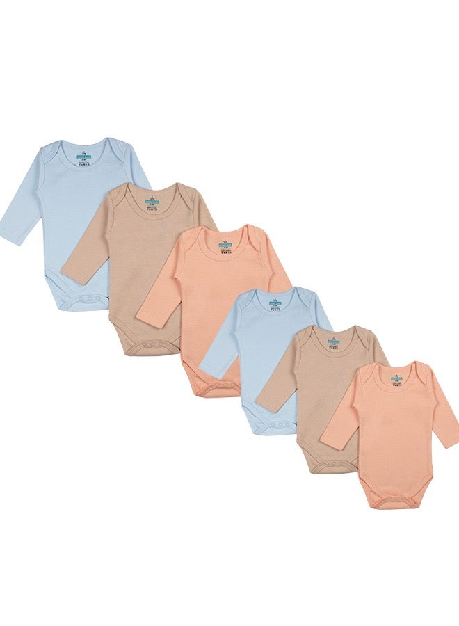 100% Super Combed Cotton, Long Sleeves Romper/Bodysuit, For New Born To 24Months, Set Of 6 - Blue, Orange, Brown