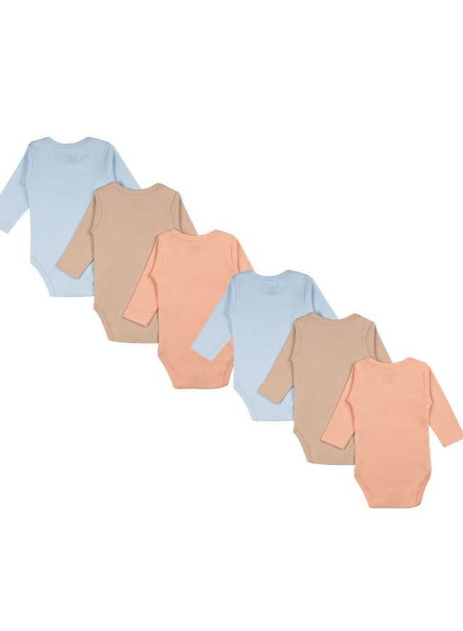 100% Super Combed Cotton, Long Sleeves Romper/Bodysuit, For New Born To 24Months, Set Of 6 - Blue, Orange, Brown