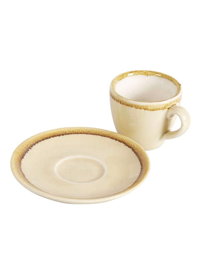 2-Piece Ergonomically Designed Fade-Proof Comfortable Grip Kiln Coffee Cup And Saucer Beige/White 8.5x6x5.5cm