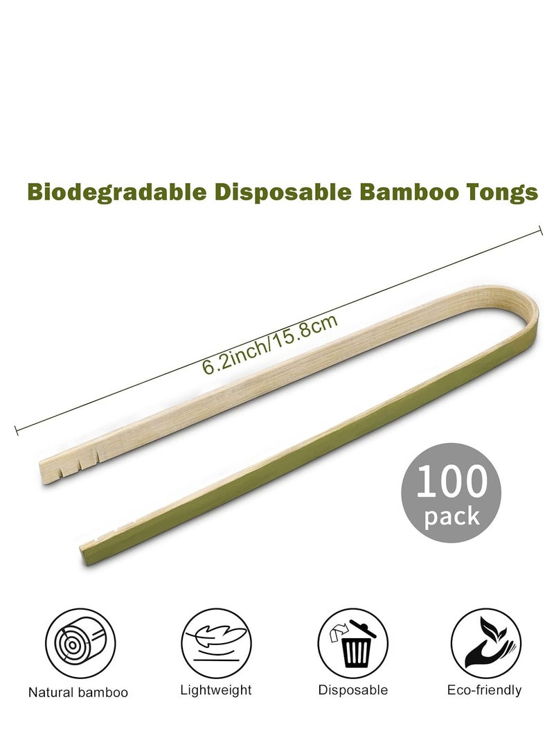 Food Tongs, Mini Bamboo Tongs Disposable 100 Pcs 6.2 Inch Long Wooden Tongs for Charcuterie Large Cooking Utensils Wood Tongs for Toaster Serving Food Natural Green for Catering Buffet Home