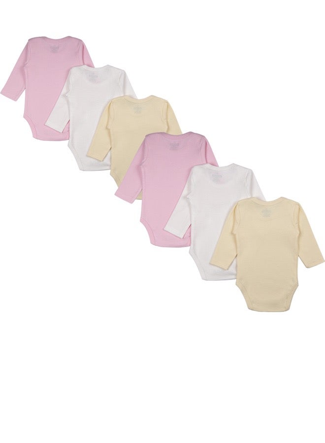 100% Super Combed Cotton, Long Sleeves Romper/Bodysuit, For New Born To 24Months, Set Of 6 - Pink, Lemon, Cream
