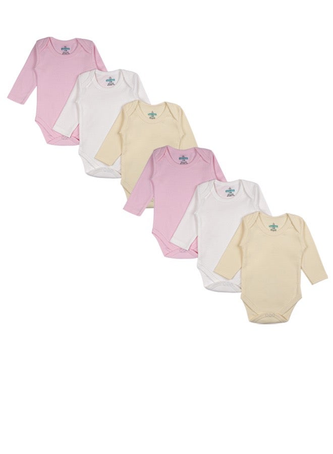 100% Super Combed Cotton, Long Sleeves Romper/Bodysuit, For New Born To 24Months, Set Of 6 - Pink, Lemon, Cream