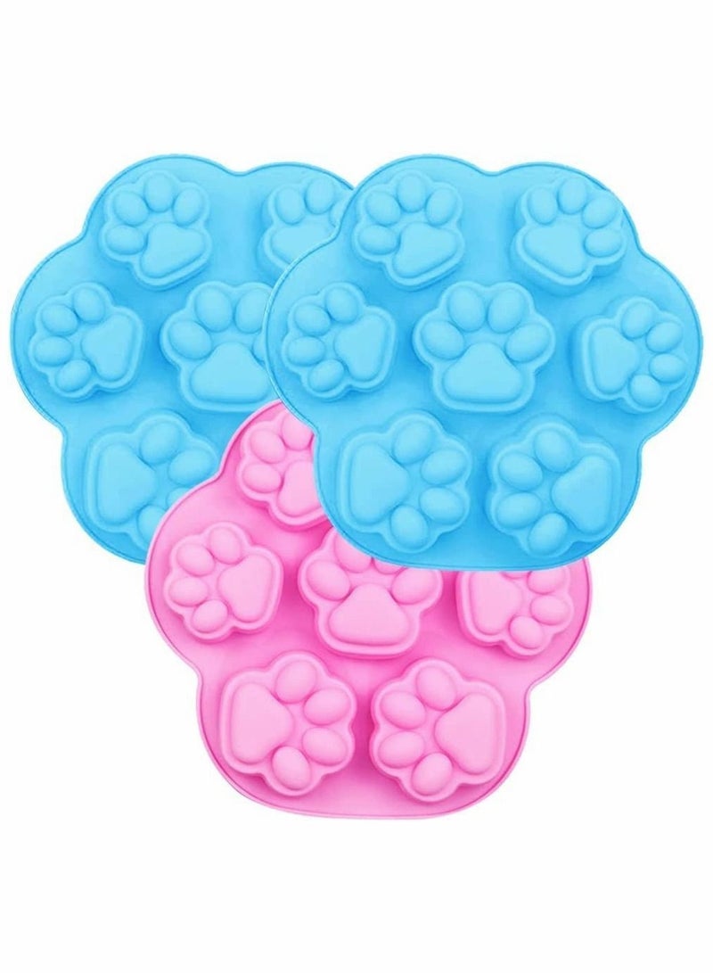Silicone Chocolate Moulds, 3 PCS Non-Stick Puppy Dog Paw Shape Baking Trays, Frozen Treats Cookies Mould Ice Cube Trays Cake Decorations Soap Making Supplies Wax Melt Moulds - Blue, Pink
