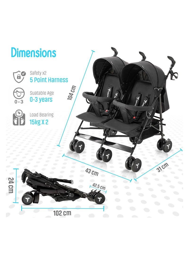 Lightweight Baby Twin Stroller Fellow, Easy To Maneuver - Black