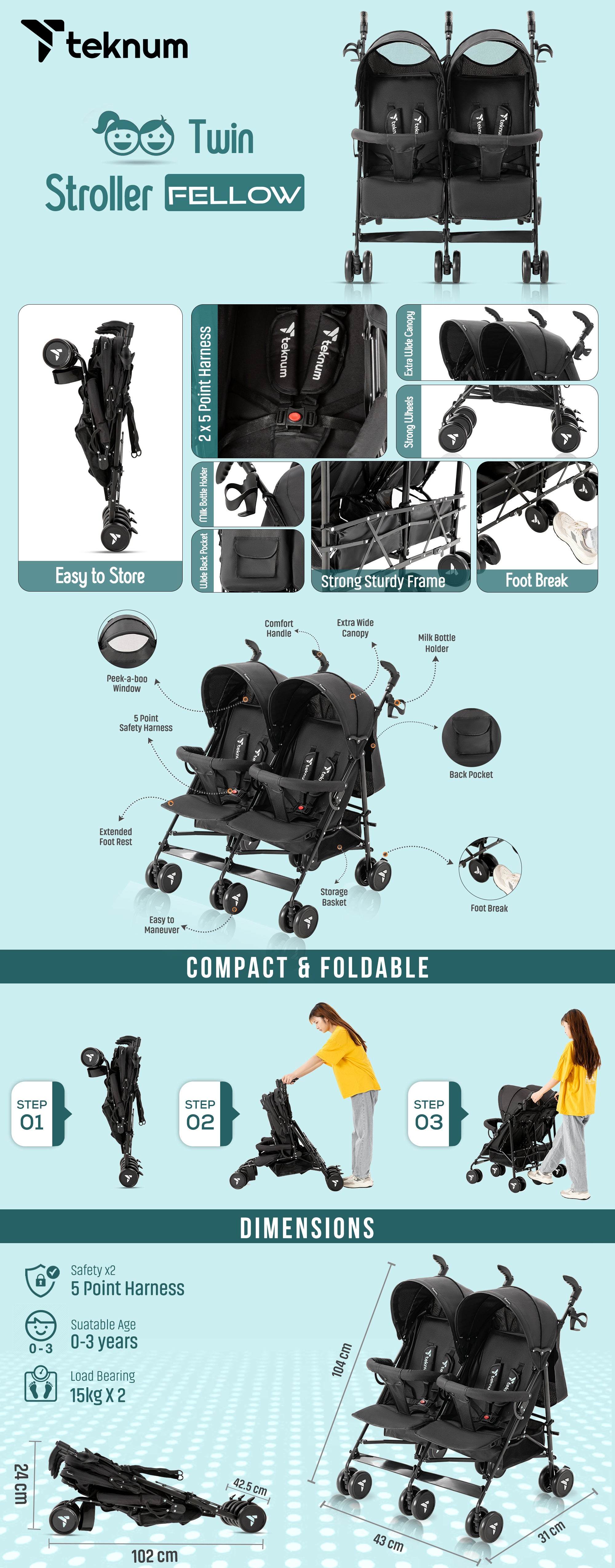 Lightweight Baby Twin Stroller Fellow, Easy To Maneuver - Black