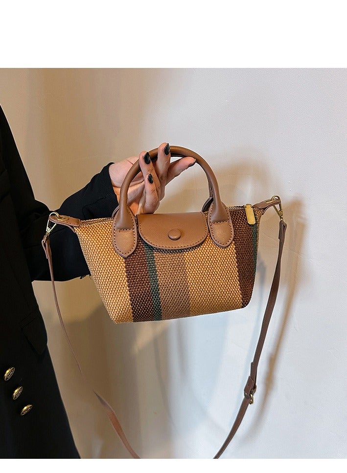 Skycare Mini Small Size Plaid Luxury Canvas and Leather Women's Top Handle Handbag Mini Fashion Contrast Color Travel Daily Satchel
