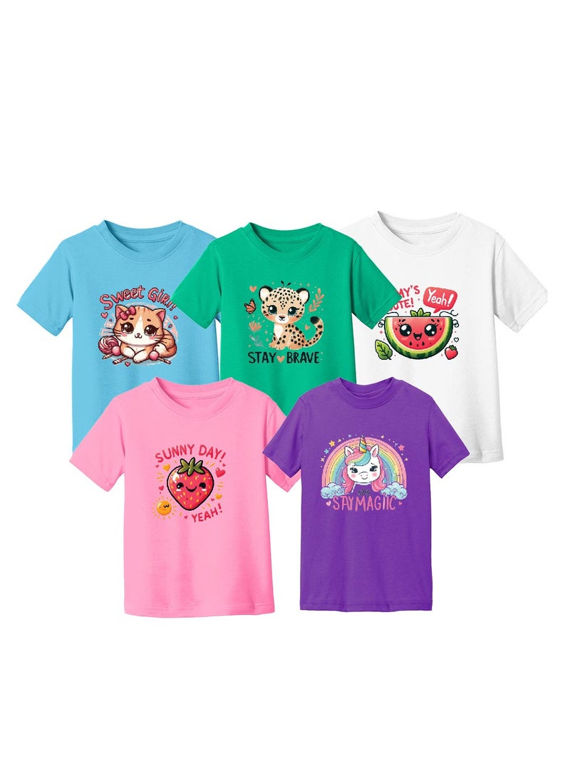 Pack of 5 Stylish Girl's T-Shirt Combo Pack - Short Sleeve Printed Combo T-Shirt for Girl - Girls Round Neck T-Shirt Combo Pack - Kids Combo Tshirt