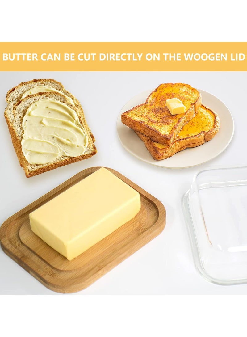 Clear Butter Dish with Thick Bamboo Plate, Rectangular Butter Tray with Lid for Countertop and Refrigerator Freshness