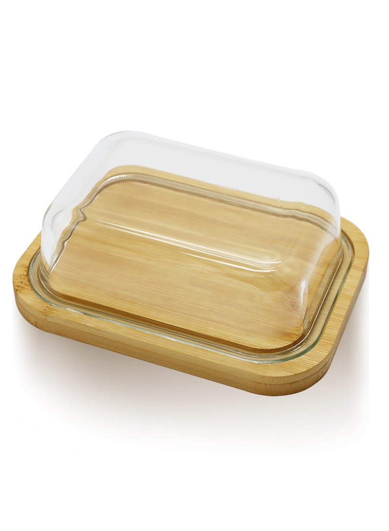 Clear Butter Dish with Thick Bamboo Plate, Rectangular Butter Tray with Lid for Countertop and Refrigerator Freshness