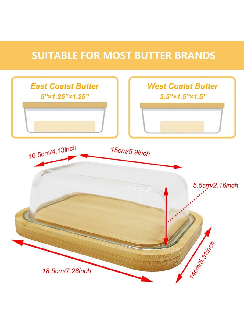 Clear Butter Dish with Thick Bamboo Plate, Rectangular Butter Tray with Lid for Countertop and Refrigerator Freshness