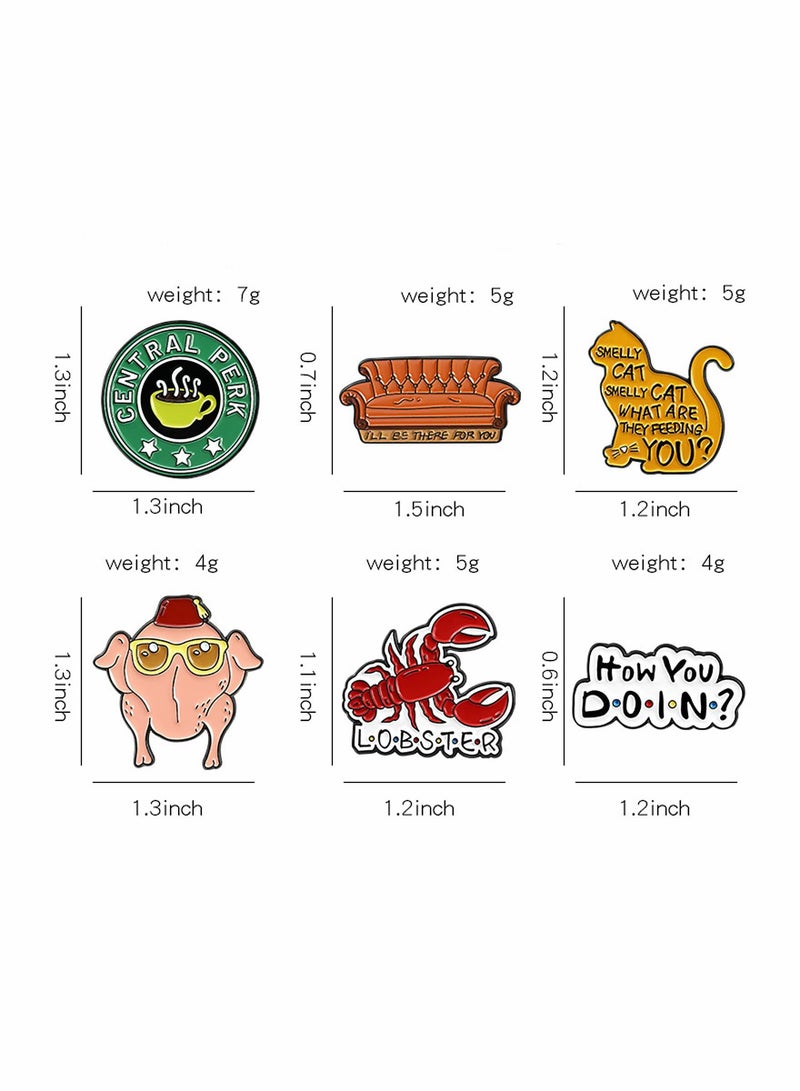 Enamel Pins Set 6 Pcs Cartoon Brooches Friends TV Show Brooch Pins Enamel Lapel Pins for Backpack Hat Lapel Jacket Badges Button Cool Funny Aesthetic Fashion Badge Jewelry for Women