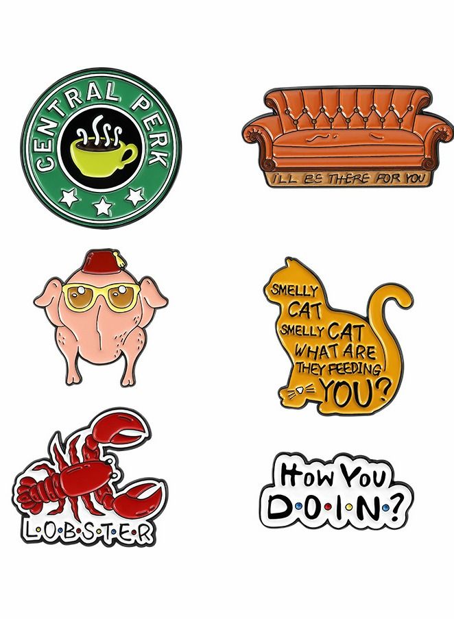Enamel Pins Set 6 Pcs Cartoon Brooches Friends TV Show Brooch Pins Enamel Lapel Pins for Backpack Hat Lapel Jacket Badges Button Cool Funny Aesthetic Fashion Badge Jewelry for Women