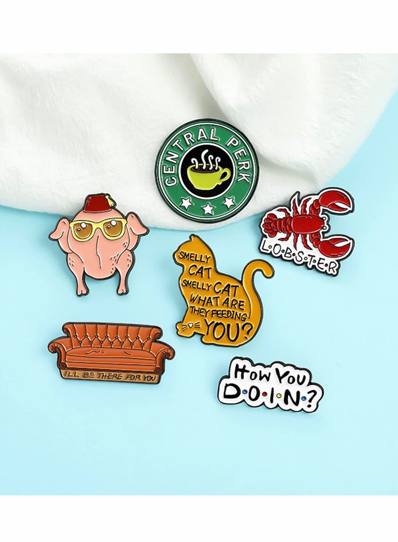 Enamel Pins Set 6 Pcs Cartoon Brooches Friends TV Show Brooch Pins Enamel Lapel Pins for Backpack Hat Lapel Jacket Badges Button Cool Funny Aesthetic Fashion Badge Jewelry for Women