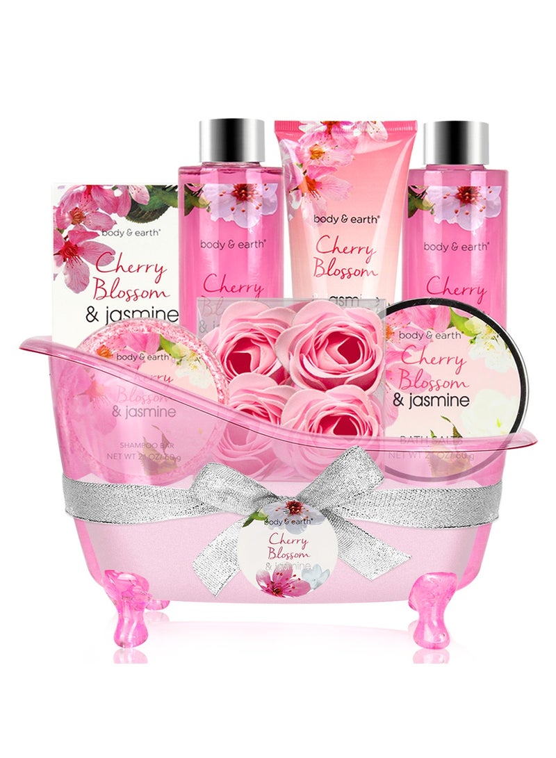 Gift Basket for Women-Spa Gift Baskets Body&Earth 8 Pcs Women Bath Sets with Cherry Blossom&Jasmine Scent Bubble Bath,Shower Gel,Body & Hand Lotion,Bath Salts,Gifts Set for Women