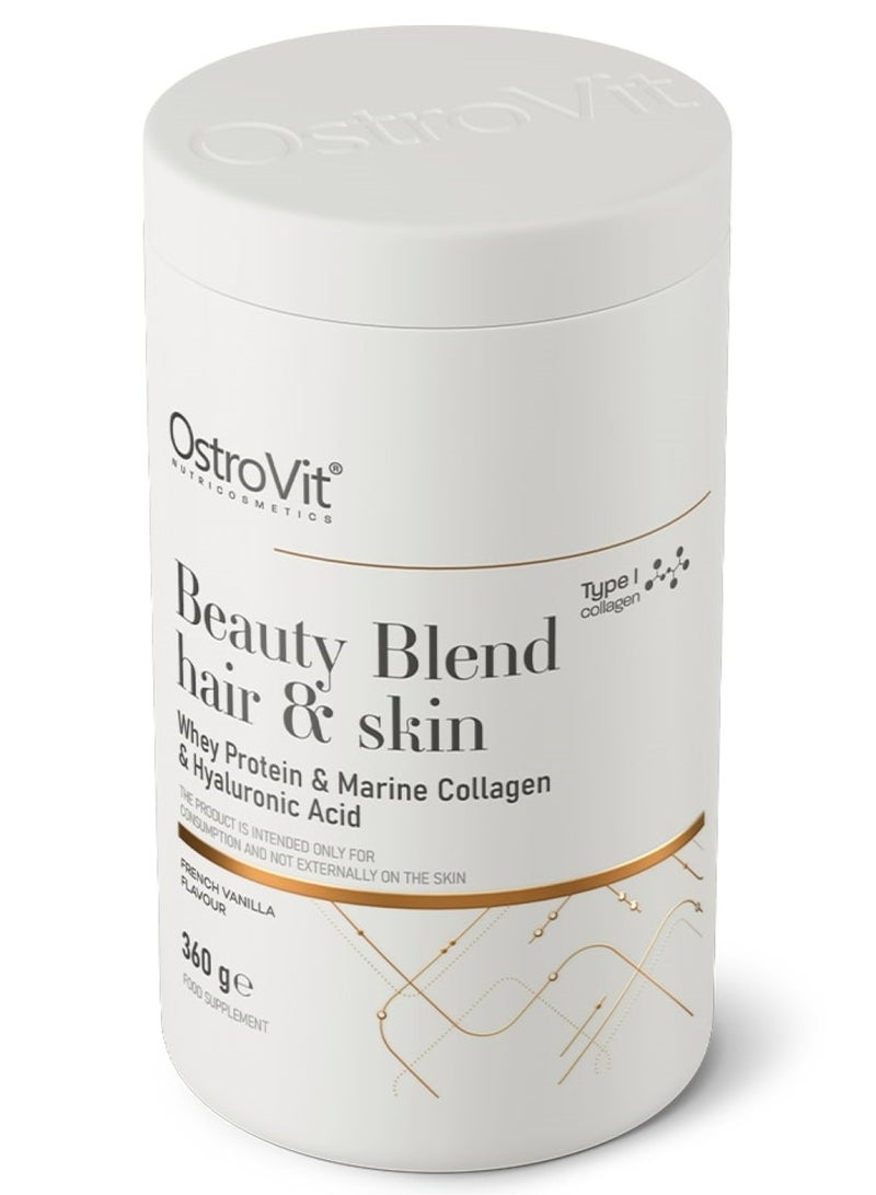 Beauty Blend Hair & Skin & Whey protein & Marine collagen & Hyaluronic acid, 360 Grams, French Vanilla