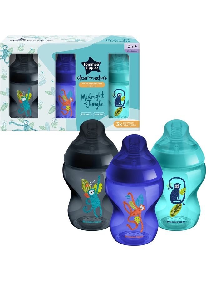 Closer To Nature Baby Bottles Slow Flow Breast Like Teat With Anti-colic Valve 260ml Pack Of 3 Jungle Blues