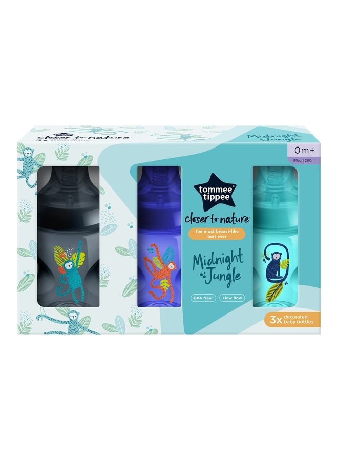 Closer To Nature Baby Bottles Slow Flow Breast Like Teat With Anti-colic Valve 260ml Pack Of 3 Jungle Blues