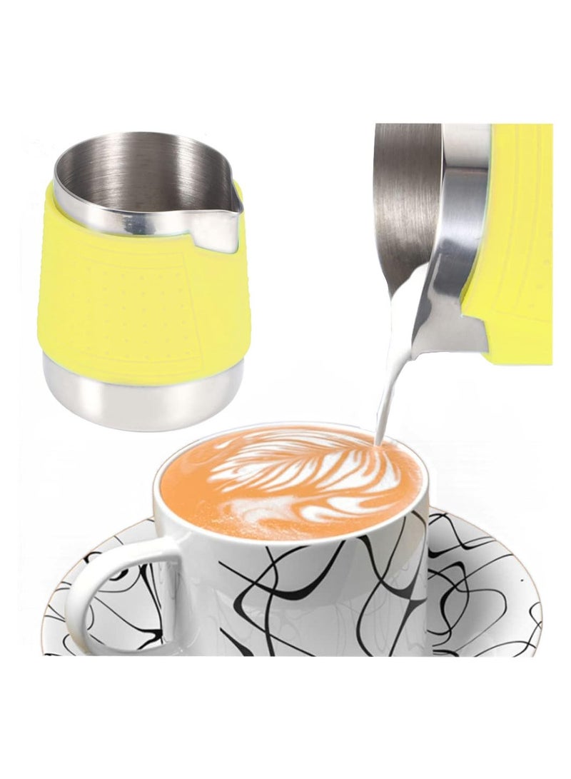 Espresso Milk Frothing Pitcher, Stainless Steel Milk Frothing Pitcher 12OZ/350ML Coffee Milk Frother Cup With Heat Resistant Silicone Grip Pads for Espresso Machine, Milk Frother, Latte Art (Yellow)