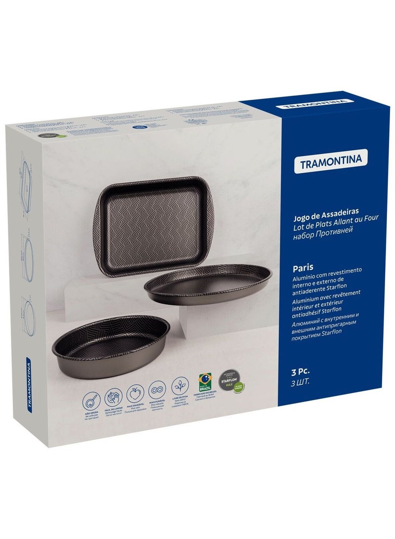 Since 1911,Made in Brazil- Paris 3 Pieces Black Aluminum Roasting Pan Set with Interior and Exterior Starflon Max PFOA Free Nonstick Coating