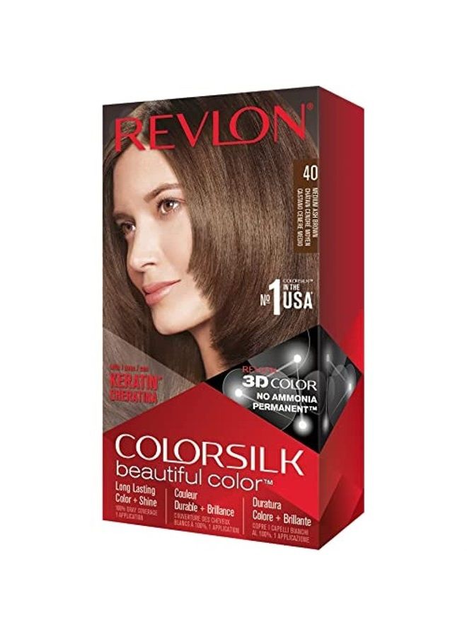 Permanent Hair Color by Revlon, Permanent Hair Dye, Colorsilk with 100% Gray Coverage, Ammonia-Free, Keratin and Amino Acids, 40 Medium Ash Brown, 4.4 Oz (Pack of 1)
