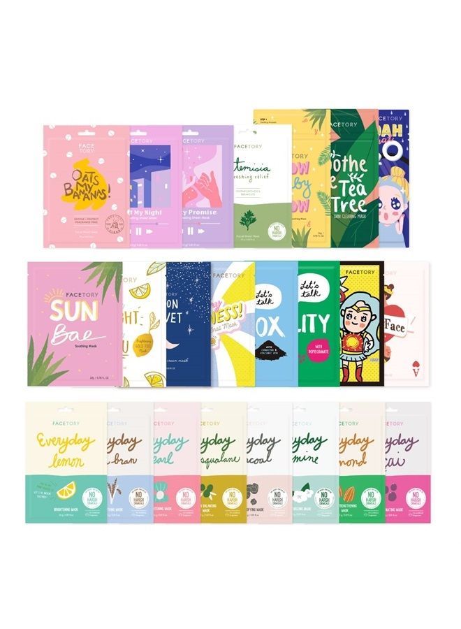 23 Sheet Mask Collection - Hydrating, Moisturizing, Radiance Boosting, Soothing, Redness Relief - For All Skin Types, Made in Korea, Variety Pack of 23 Sheet Masks