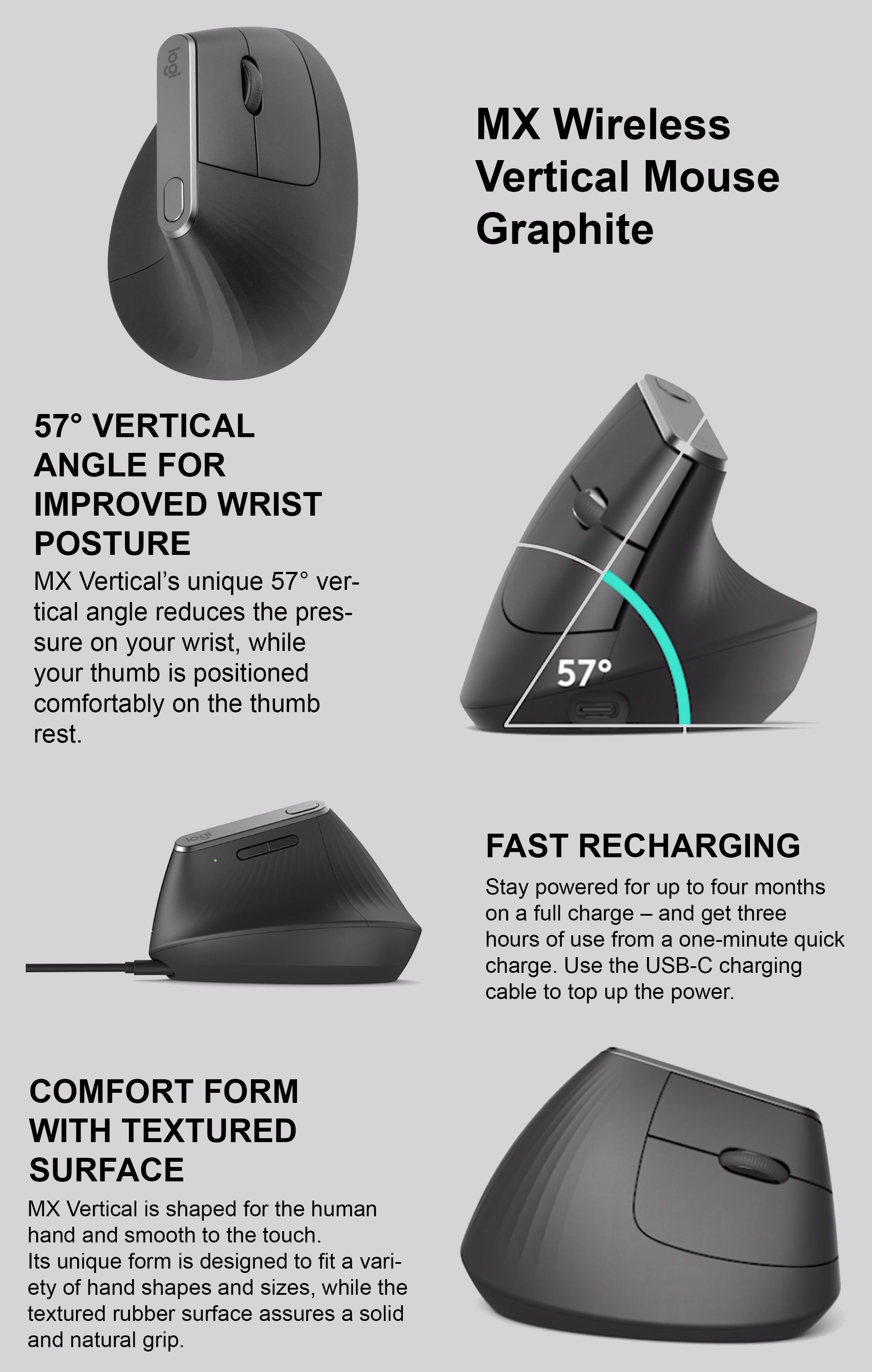 MX Vertical Ergonomic Wireless Mouse With USB Receiver Graphite