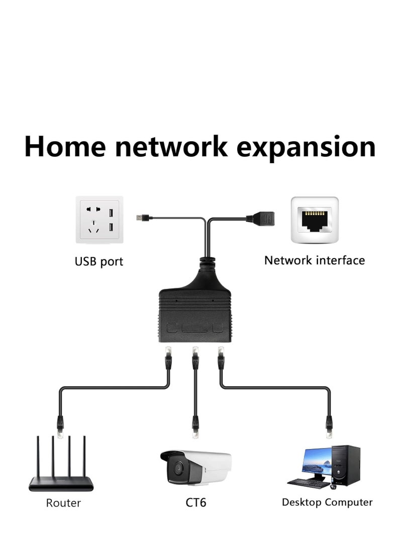 RJ45 Ethernet Splitter 1 to 2 Out, with USB Power Cable, RJ45 Internet Splitter Adapter 1000Mbps High Speed for Cat 5/5e/6/7/8 Cable, Support Two Devices Working Simultaneously