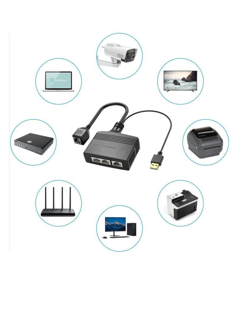 RJ45 Ethernet Splitter 1 to 2 Out, with USB Power Cable, RJ45 Internet Splitter Adapter 1000Mbps High Speed for Cat 5/5e/6/7/8 Cable, Support Two Devices Working Simultaneously