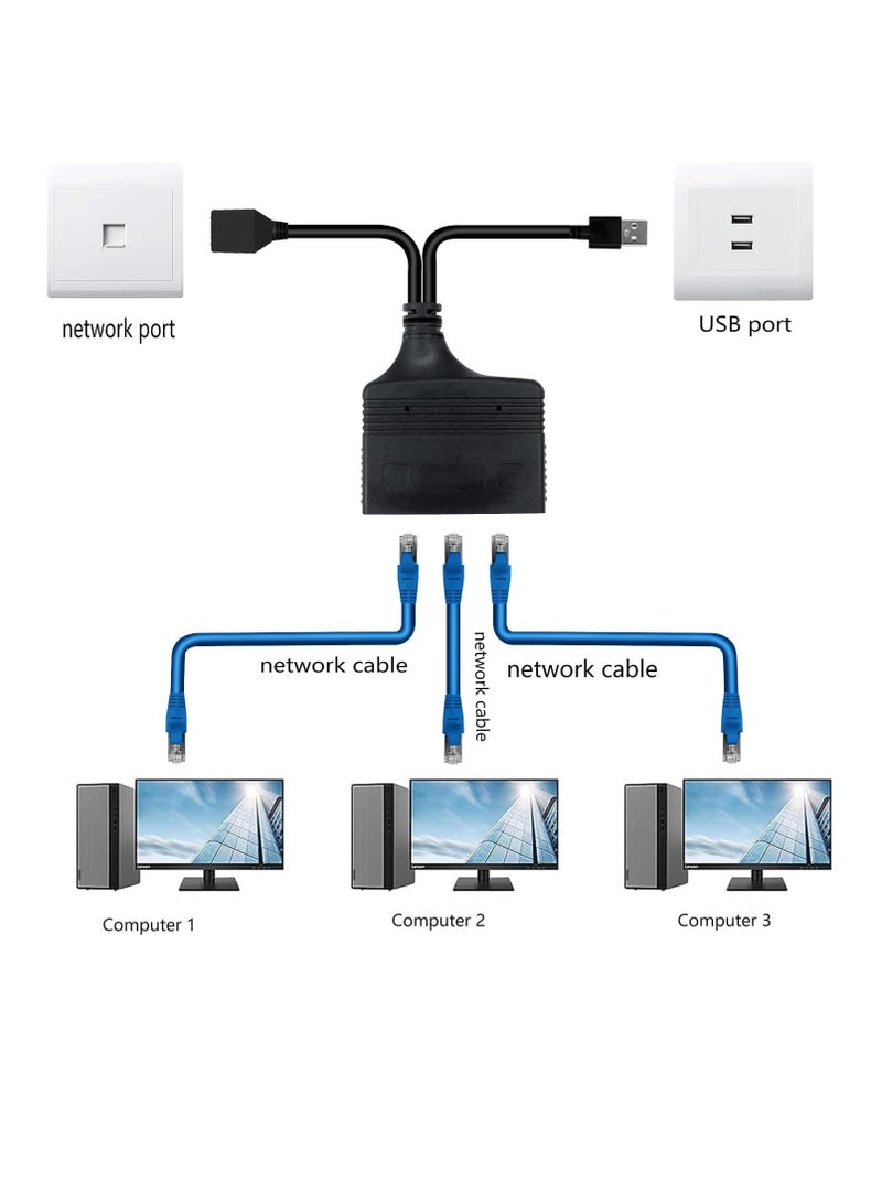 RJ45 Ethernet Splitter 1 to 2 Out, with USB Power Cable, RJ45 Internet Splitter Adapter 1000Mbps High Speed for Cat 5/5e/6/7/8 Cable, Support Two Devices Working Simultaneously