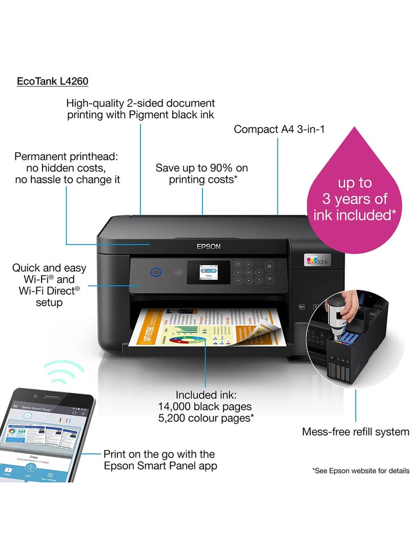 3 In 1 Printer EcoTank L4260 Home Ink Tank Printer With Double Sided A4 Colour Paper Black