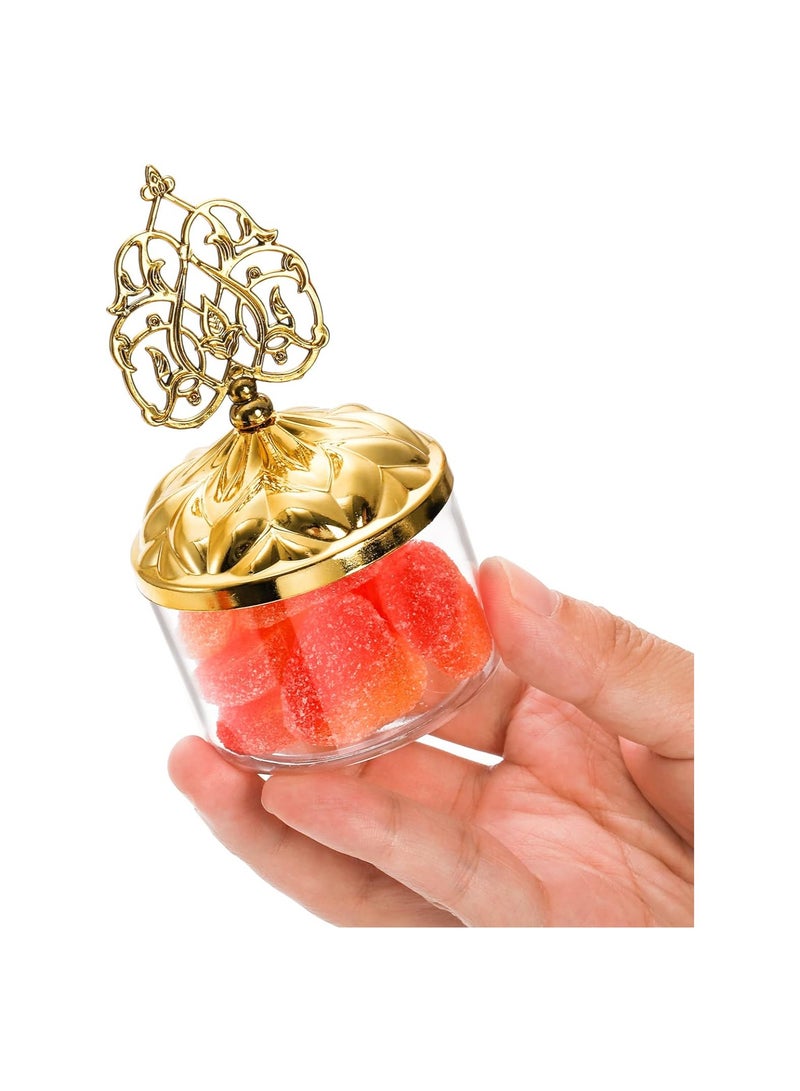 Mini Plastic Candy Cupcake Containers, 12 Pcs Clear Favor Boxes with Gold Dome Lids, Round Cake Stand Dessert Display Plate for Birthday Wedding Holiday Party Supplies