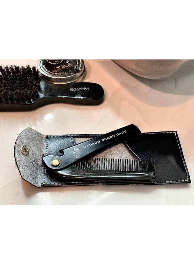 Adass Beard Care 2In1 Folding Ox Horn Comb With Stainless Steel Body And Genuine Leather Protective Case