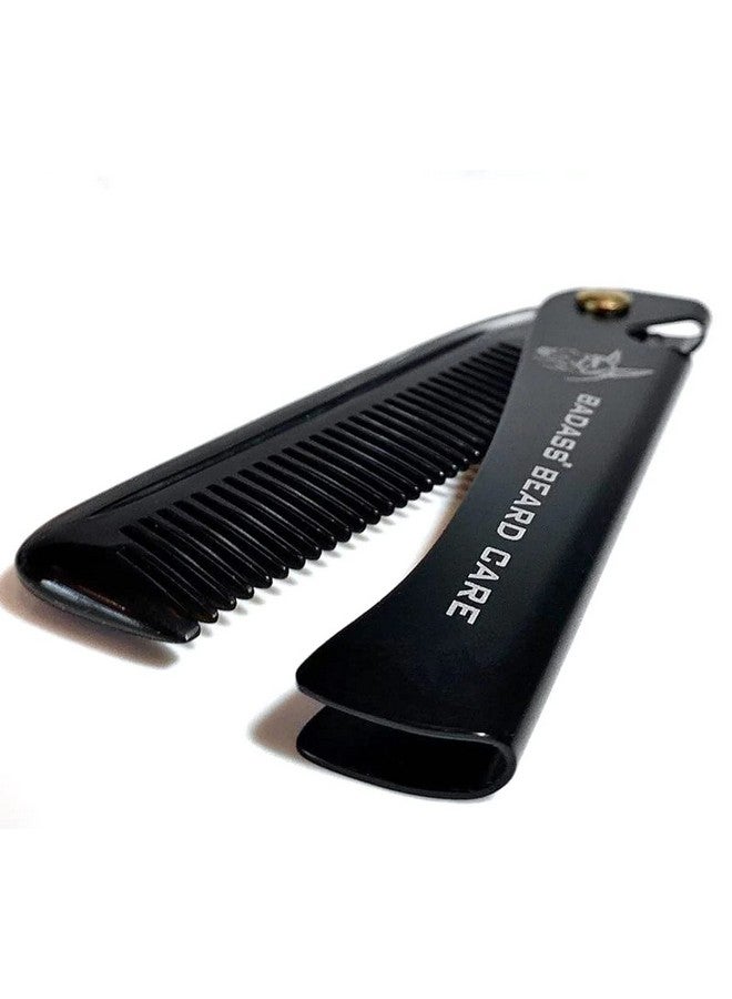 Adass Beard Care 2In1 Folding Ox Horn Comb With Stainless Steel Body And Genuine Leather Protective Case