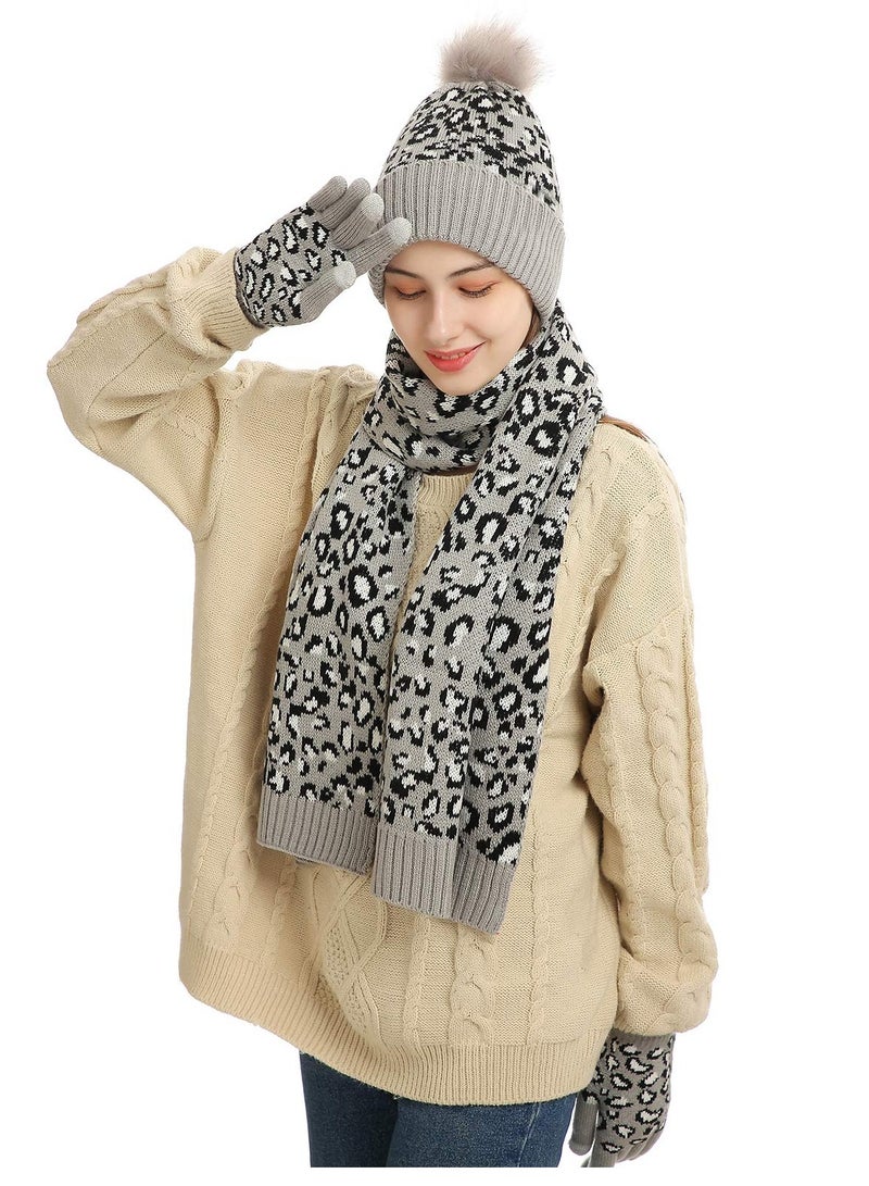 Leopard Print Winter Knit Set - Stylish & Warm Bobble Hat, Scarf, Gloves Combo for Women and Girls - Touchscreen Compatible, Ideal for Outdoor Activities