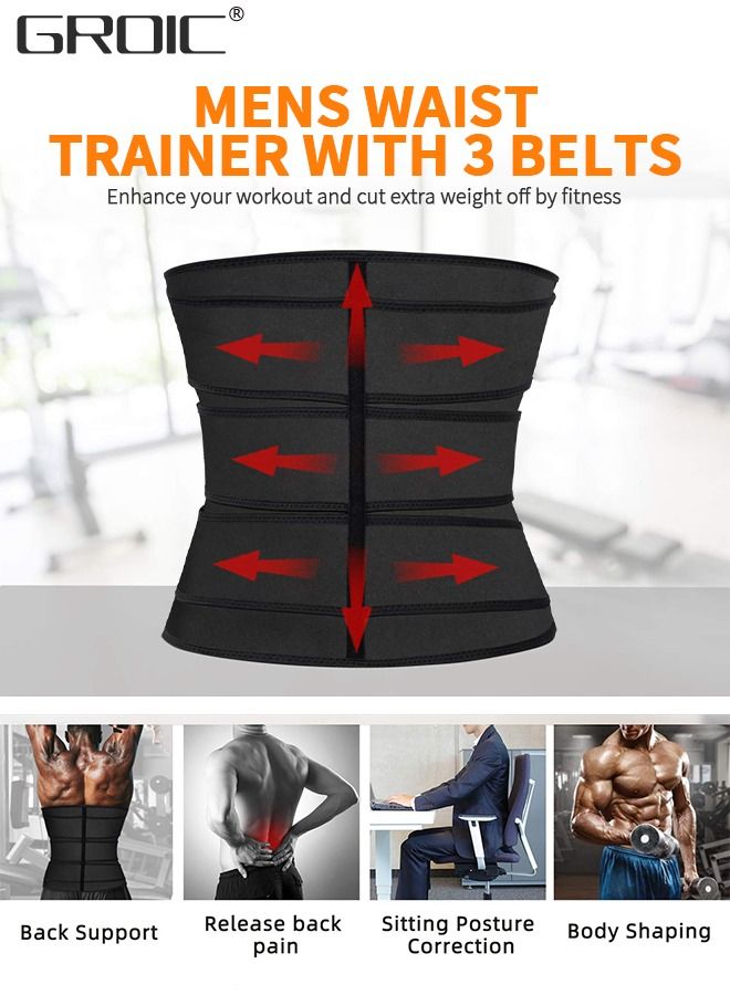 Men's Waist Trainer Sauna Weight Loss Body Shaper Sweat Vest for Men with 3 Rows of Hooks and 3 Belt, Neoprene Sauna Waist Sauna Sweat Waist Trimmer Slimmer Belt Workout Girdle, XL