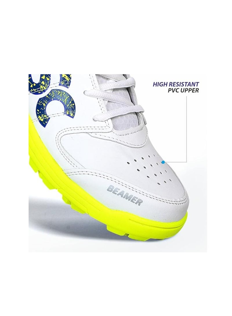 Beamer Cricket Shoe | Color: Fluro Yellow & White | Size: 4UK/5US/38EU | For Mens & Boys | Material: Polyvinyl Chloride | Long Lasting Performance | Breathable Mesh for Improving Performance