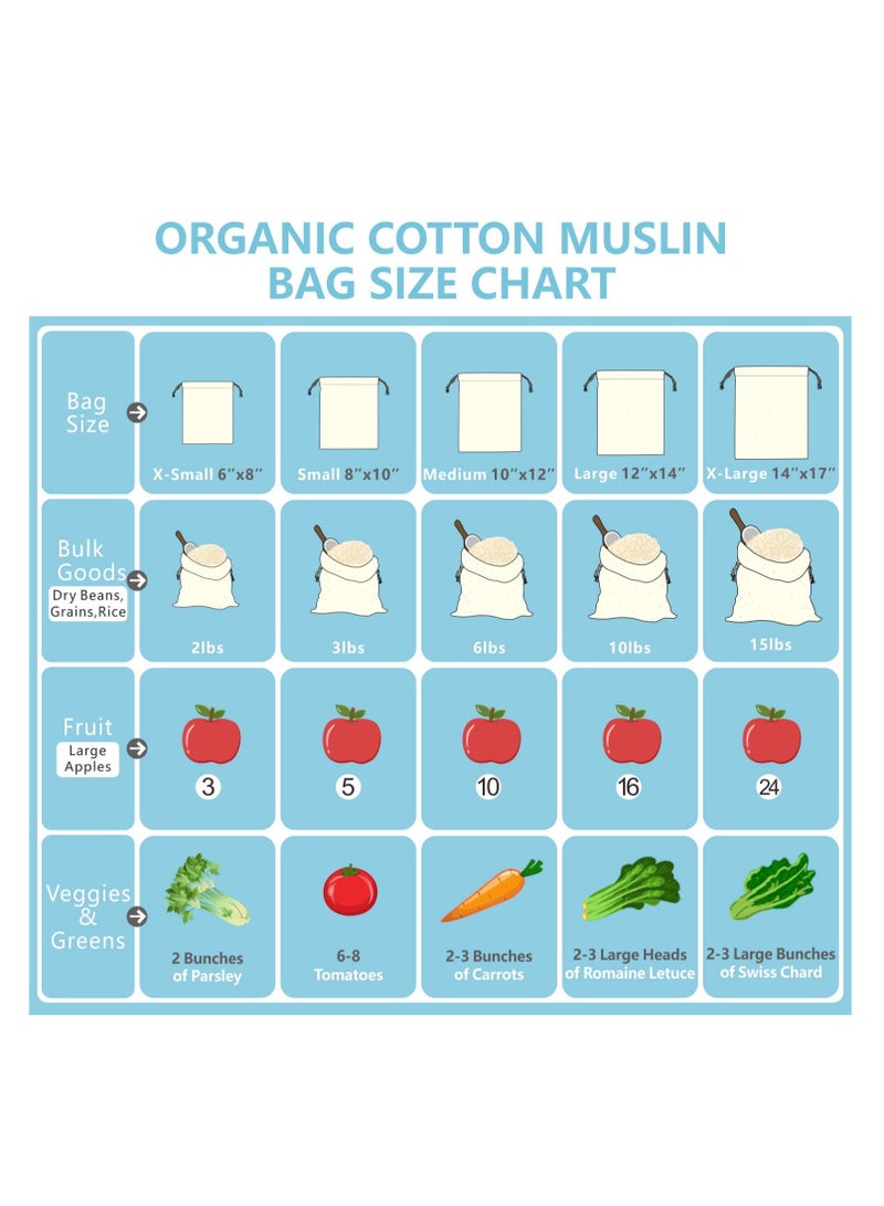 12 Pack 17cm*23CM Reusable Produce Bags, Muslin Bags with Drawstrings for Shopping and Storage, 100% Natural Cotton Bags, Washable, Biodegradable, for Fruit Vegetable and More, Food Safe